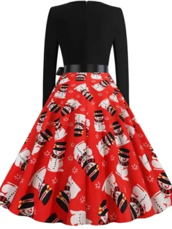 Women's Christmas Swing Dress Vintage DressKnee Length Dress Green Blue Wine Light Red Dark Green Red Long Sleeve Floral Snowman Tree Bow Print Fall Winter V Neck Vintage Fashion Casual 2022 S M L -Fashion Life Shop aaeyrv1663152095736