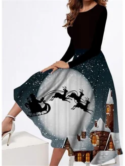 Women's Casual Dress Swing Dress Midi Dress Blue Black Long Sleeve Moon Pocket Winter Fall Autumn Round Neck Fashion Christmas Daily Weekend 2022 S M L XL XXL 3XL