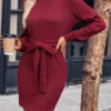 Women‘s Christmas Sweater Dress Jumper Dress Winter Dress Fashion Outdoor Christmas Street Daily Turtleneck Long Sleeve Lace Up 2023 Regular Fit Black Wine Brown S M L XL
