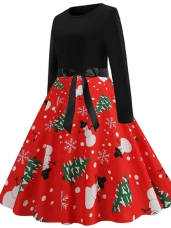 Women's Christmas Casual Dress Swing Dress Vintage Dress Midi Dress Green Blue Light Red Long Sleeve Santa Claus Bow Winter Fall Autumn V Neck Slim 2022 S M L XL XXL 3XL -Fashion Life Shop abzjlk1666776946562