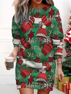 Women's Christmas Casual Dress Sweatshirt Dress Mini Dress Warm Fashion Outdoor Vacation Crew Neck Print Santa Claus Snowman Christmas Tree Loose Fit ArmyGreen Black Red S M L XL XXL -Fashion Life Shop acdcdn1695365366634
