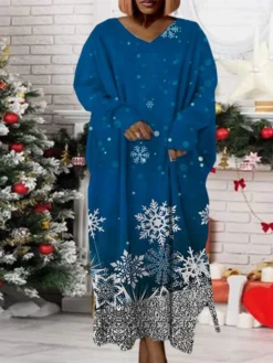 Women‘s Plus Size Christmas Dress Print V Neck Long Sleeve Winter Fall Modern Maxi Long Dress Daily Dress -Fashion Life Shop acfsmo1668158944997