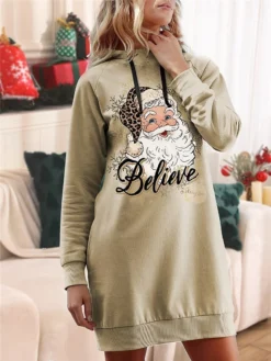Women's Casual Dress Christmas Dress Hoodie Dress Santa Claus Ugly Christmas Print Hooded Mini Dress Fashion Streetwear Outdoor Christmas Long Sleeve Loose Fit Gold Fall Winter S M L XL XXL