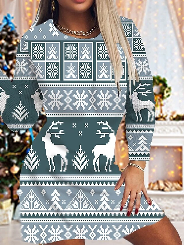 Women's Christmas Bodycon Print Dress Mini Dress Light Red Light Gray Red Long Sleeve Elk Tree Snowflake Print Winter Autumn Crew Neck Fashion Casual 2022 S M L XL 2XL 3XL 4XL 5XL 6XL 2 Women's Christmas Bodycon Print Dress Mini Dress Light Red Light Gray Red Long Sleeve Elk Tree Snowflake Print Winter Autumn Crew Neck Fashion Casual 2022 S M L XL 2XL 3XL 4XL 5XL 6XL - Image 2