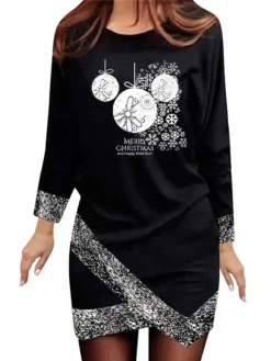 Women's Christmas Casual Dress Shift Dress Mini Dress Black Silver Gray Long Sleeve Plaid Print Winter Fall Autumn Crew Neck Loose Fit 2022 S M L XL XXL 3XL