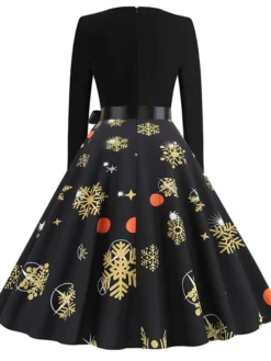 Women's Christmas Swing DressKnee Length Dress Black And White White Light Red Gold Red Long Sleeve Elk Snowman Bell Bow Print Fall Winter Round Neck Vintage Elegant 2022 S M L XL 2XL -Fashion Life Shop acxebd1663049823233