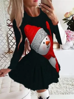 Women's Christmas Swing DressShort Mini Dress Green Wine Fuchsia Red Black Long Sleeve Elk Snowman Snowflake Pleated Print Fall Winter Crew Neck Stylish Romantic 2022 S M L XL 2XL -Fashion Life Shop adbuwh1665307948107