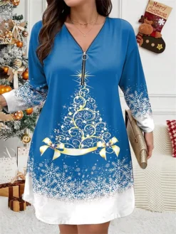 Women's Plus Size Curve Christmas Dress Casual Dress Winter Dress Christmas Tree Snowflake Mini Dress Long Sleeve Print V Neck Fashion Outdoor Black Wine Fall Winter L XL 2XL 3XL 4XL -Fashion Life Shop adrqgu1697799818537