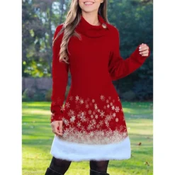 Women's Casual Dress Christmas Dress Winter Dress Snowflake Patchwork Fleece Cowl Neck Midi Dress Fashion Streetwear Outdoor Christmas Long Sleeve Loose Fit Wine Fall Winter S M L XL XXL