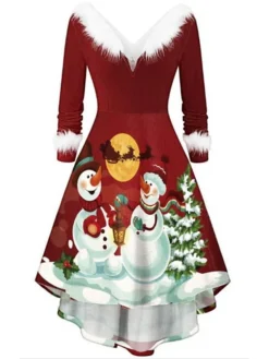 Women's Christmas Casual Dress Swing Dress Blue Wine Red White Long Sleeve Santa Claus SnowmanTree Feather Print Winter Fall V Neck Vintage ElegantFall Dress 2022 S M L XL XXL