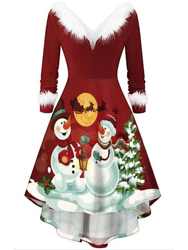 Women's Christmas Casual Dress Swing Dress Blue Wine Red White Long Sleeve Santa Claus SnowmanTree Feather Print Winter Fall V Neck Vintage ElegantFall Dress 2022 S M L XL XXL 1 Women's Christmas Casual Dress Swing Dress Blue Wine Red White Long Sleeve Santa Claus SnowmanTree Feather Print Winter Fall V Neck Vintage ElegantFall Dress 2022 S M L XL XXL