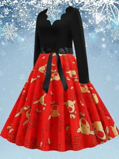 Women's Christmas Swing Dress Vintage DressKnee Length Dress Green Blue Wine Light Red Dark Green Red Long Sleeve Floral Snowman Tree Bow Print Fall Winter V Neck Vintage Fashion Casual 2022 S M L -Fashion Life Shop aegwfg1668077078910