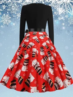 Women's Christmas Swing Dress Vintage DressKnee Length Dress Green Blue Wine Light Red Dark Green Red Long Sleeve Floral Snowman Tree Bow Print Fall Winter V Neck Vintage Fashion Casual 2022 S M L -Fashion Life Shop aenslz1668077096062