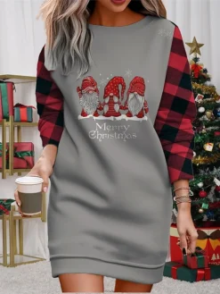 Women's Christmas Casual Dress Sweatshirt Dress Mini Dress Warm Fashion Outdoor Vacation Crew Neck Print Geometric Santa Claus Loose Fit Black Red Burgundy S M L XL XXL -Fashion Life Shop afacob1695365425320