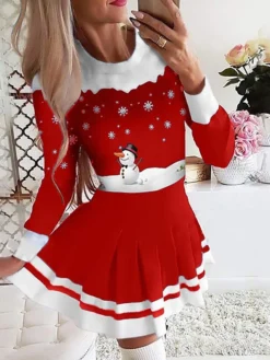 Women's Christmas Casual Dress Swing DressShort Mini Dress Black And White Blue Dark Blue Red White Black Long Sleeve Snowman Abstract Snowflake Pleated Print Fall Winter Round Neck Fashion Casual -Fashion Life Shop afqmup1664273652675