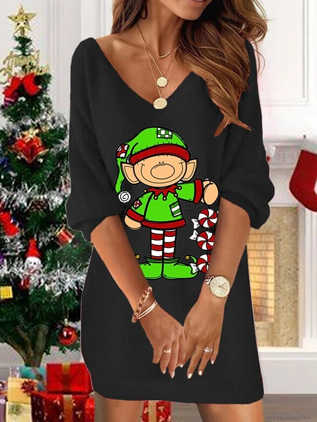 Women‘s Christmas Sweatshirt Dress Shift Dress Elf Mini Dress Green Black Red 3/4 Length Sleeve Graphic Print Winter Fall Spring V Neck Fashion Daily 2022 S M L XL XXL 3XL 4 Women‘s Christmas Sweatshirt Dress Shift Dress Elf Mini Dress Green Black Red 3/4 Length Sleeve Graphic Print Winter Fall Spring V Neck Fashion Daily 2022 S M L XL XXL 3XL - Image 4