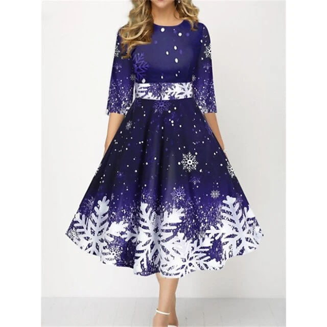 Women's Christmas Skater Dress Print DressMidi Dress Green Purple Dark Red Dark Blue Black 3/4 Length Sleeve Print Snowflake Patchwork Print Fall Winter Crew Neck Fashion Party 2022 S M L XL 2XL 3XL 4 Women's Christmas Skater Dress Print DressMidi Dress Green Purple Dark Red Dark Blue Black 3/4 Length Sleeve Print Snowflake Patchwork Print Fall Winter Crew Neck Fashion Party 2022 S M L XL 2XL 3XL - Image 4