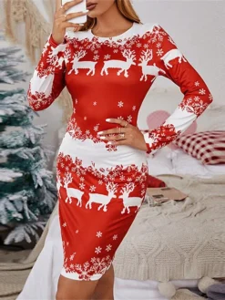 Women's Christmas T Shirt Dress Tee Dress Sheath DressShort Mini Dress Red Long Sleeve Floral Plaid Snowflake Print Fall Winter Round Neck Fashion Modern 2022 S M L XL XXL -Fashion Life Shop ahbvdz1662028344249