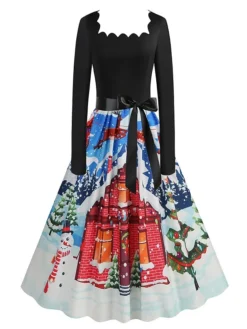 Women's Christmas Vintage Dress Swing Dress Mini Dress Black Pink Dark Blue Red Navy Blue Light Blue Long Sleeve Santa Claus Elk Snowman With Belt Print Winter Fall Square Neck 2022 S M L XL -Fashion Life Shop ahfcal1666676135481