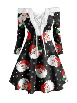 Women's Christmas Swing Dress Vintage Dress Mini Dress Green Blue Royal Blue Red White Black Long Sleeve Santa Claus Snowman Snowflake Feather Print Winter Fall Off Shoulder Stylish Elegant -Fashion Life Shop ahtssv1666597372274