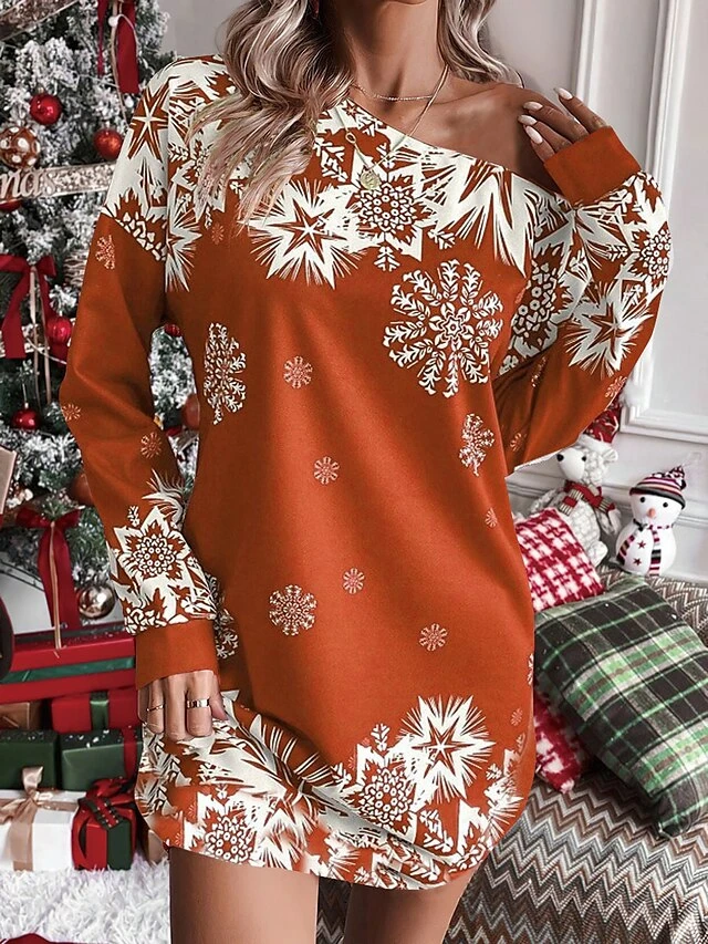 Women's Christmas Dress Sweatshirt Dress Mini Dress Warm Fashion Outdoor Christmas Holiday Crew Neck Print Snowflake Loose Fit Black Burgundy Orange S M L XL XXL 2 Women's Christmas Dress Sweatshirt Dress Mini Dress Warm Fashion Outdoor Christmas Holiday Crew Neck Print Snowflake Loose Fit Black Burgundy Orange S M L XL XXL - Image 2