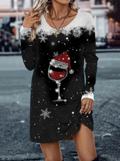 Women's Casual Dress Christmas Dress T Shirt Dress Tee Dress Snowman Christmas Tree Print V Neck Mini Dress Fashion Streetwear Outdoor Christmas Long Sleeve Loose Fit Black And White Black White Fall -Fashion Life Shop ajjctq1694424018972