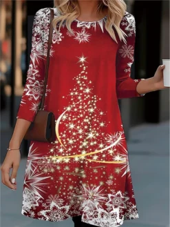 Women's Casual Dress Christmas Dress T Shirt Dress Tee Dress Christmas Tree Snowflake Pocket Print Crew Neck Midi Dress Fashion Streetwear Outdoor Christmas Long Sleeve Regular Fit Wine Navy Blue
