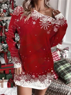 Women's Christmas Dress Sweatshirt Dress Mini Dress Warm Fashion Outdoor Christmas Holiday Crew Neck Print Solid Color Christmas Tree Snowflake Loose Fit Wine Red Purple S M L XL XXL