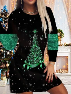 Women's Christmas Sheath Dress Print Dress Mini Dress Green Blue Purple Pink Gold Long Sleeve Print Print Winter Fall Crew Neck Fashion Modern 2022 S M L XL 2XL 3XL 4XL 5XL 6XL -Fashion Life Shop ajsmcg1666768626359