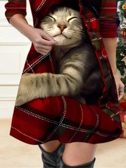Women's Casual Dress Christmas Dress Winter Dress Plaid Cat Print V Neck Mini Dress Active Fashion Outdoor Christmas Long Sleeve Regular Fit Wine Fall Winter S M L XL XXL -Fashion Life Shop ajtmki1697527511817