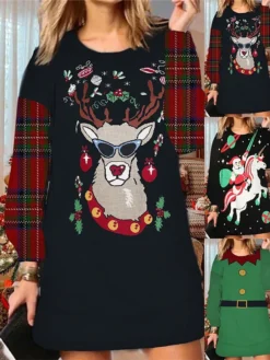 Women's Christmas Ugly Sweatshirt Dress Shift Dress Mini Dress Green Black Red Long Sleeve Santa Claus Print Winter Fall Autumn Fashion Daily 2022 S M L XL XXL 3XL