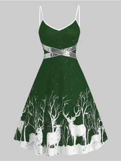 Women's Casual Dress Christmas Dress Winter Dress Leopard Deer Ruched Backless Strap Midi Dress Fashion Streetwear Outdoor Christmas Sleeveless Regular Fit Black Red Green Fall Winter S M L XL XXL -Fashion Life Shop akefqh1695025211382