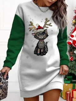 Women's Christmas Casual Dress Sweatshirt Dress Mini Dress Warm Fashion OutdoorVacation Crew Neck Print Animal Loose Fit Black Green S M L XL XXL 5 Women's Christmas Casual Dress Sweatshirt Dress Mini Dress Warm Fashion OutdoorVacation Crew Neck Print Animal Loose Fit Black Green S M L XL XXL -Fashion Life Shop akerkn1695365295221