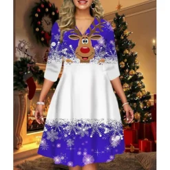 Women's Christmas Print Dress Green Blue Purple Red Black Long Sleeve Elk Snowman Tree Print Winter Autumn V Neck Fashion Casual Fall Dress Loose Fit 2022 S M L XL 2XL 3XL 4XL 5XL 6XL -Fashion Life Shop akitoi1666064459363