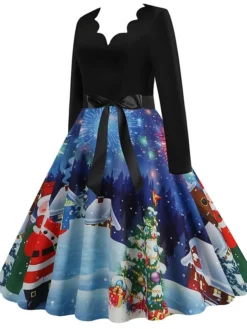 Women's Christmas Casual Dress Swing Dress Midi Dress Blue Purple Royal Blue Light Blue White Long Sleeve Santa Claus Elk Tree Bow Print Winter Fall V Neck Vacation Vintage 2022 S M L XL -Fashion Life Shop akkjil1666927315283