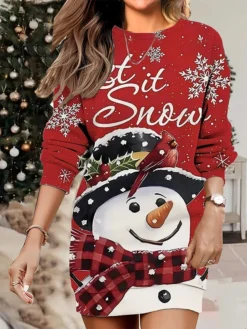 Women's Christmas Casual Dress Sweatshirt Dress Mini Dress Warm Fashion OutdoorVacation Crew Neck Print Santa Claus Snowman Loose Fit White Red Burgundy S M L XL XXL -Fashion Life Shop akoxxt1695641799876