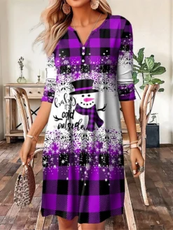 Women's Casual Dress Christmas Dress Winter Dress Plaid Snowman Button Print Split Neck Mini Dress Fashion Streetwear Outdoor Christmas Long Sleeve Loose Fit Wine Blue Purple Fall Winter S M L XL XXL -Fashion Life Shop alfglt1697194067522