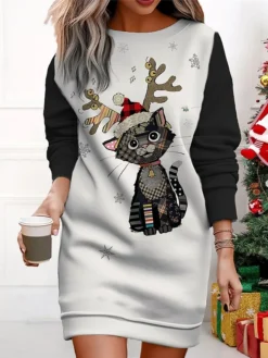 Women's Christmas Casual Dress Sweatshirt Dress Mini Dress Warm Fashion OutdoorVacation Crew Neck Print Animal Loose Fit Black Yellow Red S M L XL XXL -Fashion Life Shop alhazx1695365428558