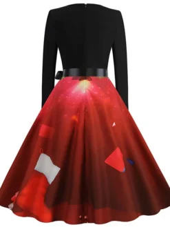 Women's Christmas Casual Dress Swing Dress Midi Dress Green Wine Light Red Fuchsia Red Long Sleeve Santa Claus Elk Bow Print Winter Fall V Neck Vacation Vintage 2022 S M L XL XXL 3XL -Fashion Life Shop alpyuu1666761910940