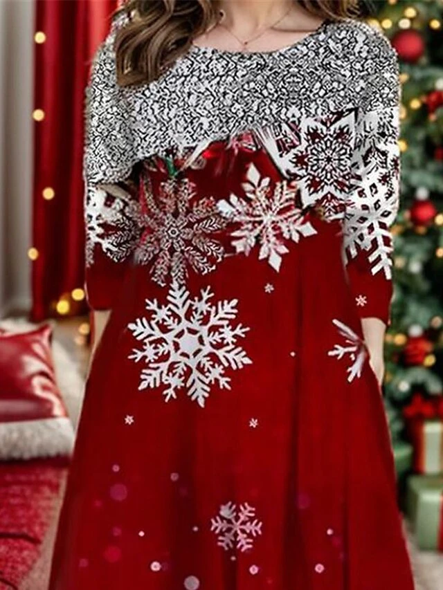 Women's Casual Dress Christmas Dress Winter Dress Snowflake Zipper Print Crew Neck Midi Dress Fashion Streetwear Outdoor Christmas Half Sleeve Loose Fit Wine Fall Winter S M L XL XXL 2 Women's Casual Dress Christmas Dress Winter Dress Snowflake Zipper Print Crew Neck Midi Dress Fashion Streetwear Outdoor Christmas Half Sleeve Loose Fit Wine Fall Winter S M L XL XXL - Image 2