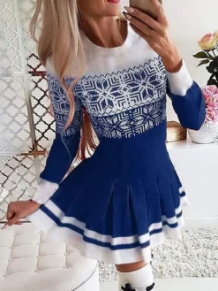 Women's Christmas Casual Dress Swing DressShort Mini Dress Black And White Blue Dark Blue Red White Black Long Sleeve Snowman Abstract Snowflake Pleated Print Fall Winter Round Neck Fashion Casual -Fashion Life Shop amicub1664273652111