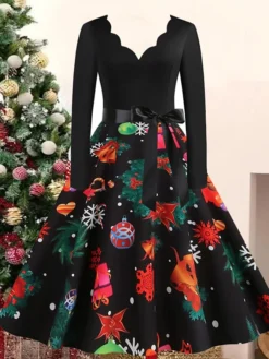 Women's Christmas Casual Dress Swing Dress Vintage Dress Midi Dress Black Wine Orange Long Sleeve Animal Bow Winter Fall Autumn V Neck 2022 S M L XL XXL 3XL -Fashion Life Shop amiffo1668072722306