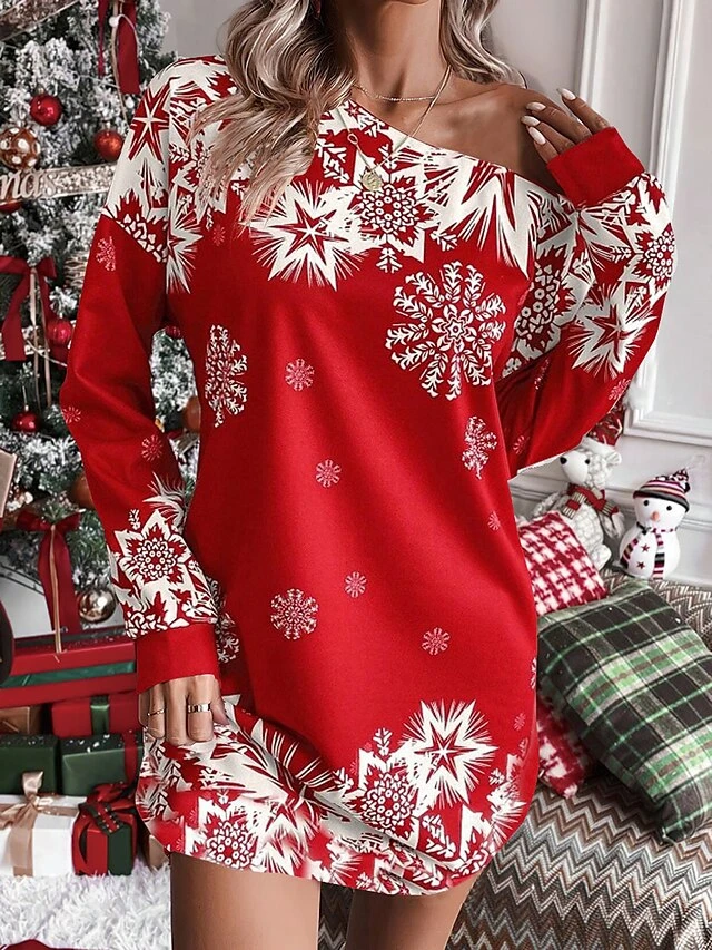 Women's Christmas Dress Sweatshirt Dress Mini Dress Warm Fashion Outdoor Christmas Holiday Crew Neck Print Snowflake Loose Fit Black Burgundy Orange S M L XL XXL 1 Women's Christmas Dress Sweatshirt Dress Mini Dress Warm Fashion Outdoor Christmas Holiday Crew Neck Print Snowflake Loose Fit Black Burgundy Orange S M L XL XXL