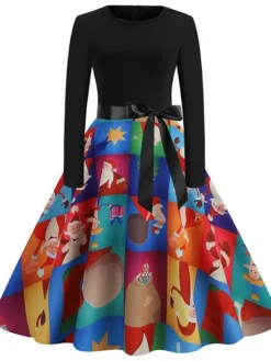 Women's Christmas Casual Dress Swing Dress Vintage Dress Midi Dress Green Blue Royal Blue Long Sleeve Color Block Bow Winter Fall Autumn V Neck Slim 2022 S M L XL XXL 3XL -Fashion Life Shop amzfdb1666761742572