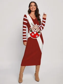 Women's Christmas Dress Sweater Dress Jumper Dress Midi Dress Ugly Stripe Deer Outdoor Christmas Daily Holiday V Neck Long Sleeve 2023 Regular Fit Wine Green S M L XL XXL 3XL -Fashion Life Shop angqad1697378126348