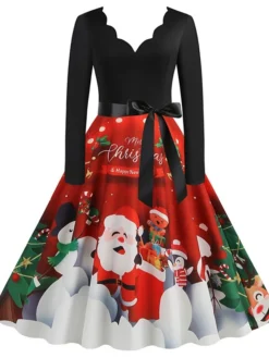 Women's Christmas Casual Dress Swing Dress Midi Dress Green Wine Light Red Fuchsia Red Long Sleeve Santa Claus Elk Bow Print Winter Fall V Neck Vacation Vintage 2022 S M L XL XXL 3XL -Fashion Life Shop anppwj1666761911226