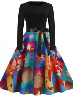 Women's Christmas Swing Dress Vintage Dress Midi Dress Green Blue Light Green Long Sleeve Santa Claus Bow Winter Fall Autumn Crew Neck Fashion Daily Date 2022 S M L XL XXL 3XL -Fashion Life Shop anrnew1667894614476