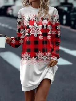 Women's Sweatshirt Dress Casual Dress Mini Dress Warm Fashion Outdoor Christmas Vacation Crew Neck Print Snowflake Regular Fit Pink Red Blue S M L XL XXL