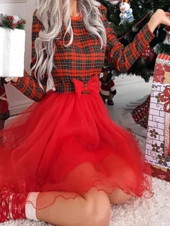Women‘s Christmas Casual Dress Swing Dress Mini Dress Red Long Sleeve Plaid Mesh Winter Fall Autumn Crew Neck Modern Daily 2022 S M L XL