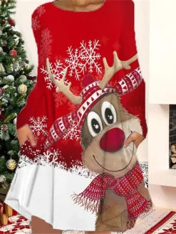 Women's Christmas Casual Dress T Shirt Dress Tee Dress Shift Dress Mini Dress Black Wine Red Long Sleeve Letter Pocket Winter Fall Autumn Crew Neck Fashion Christmas 2022 S M L XL XXL 3XL